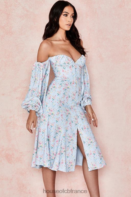 House of CB Hope - Robe d\'été midi style Bardot bleue à fleurs N888H608 vêtements