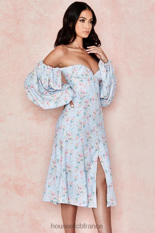 House of CB Hope - Robe d\'été midi style Bardot bleue à fleurs N888H608 vêtements
