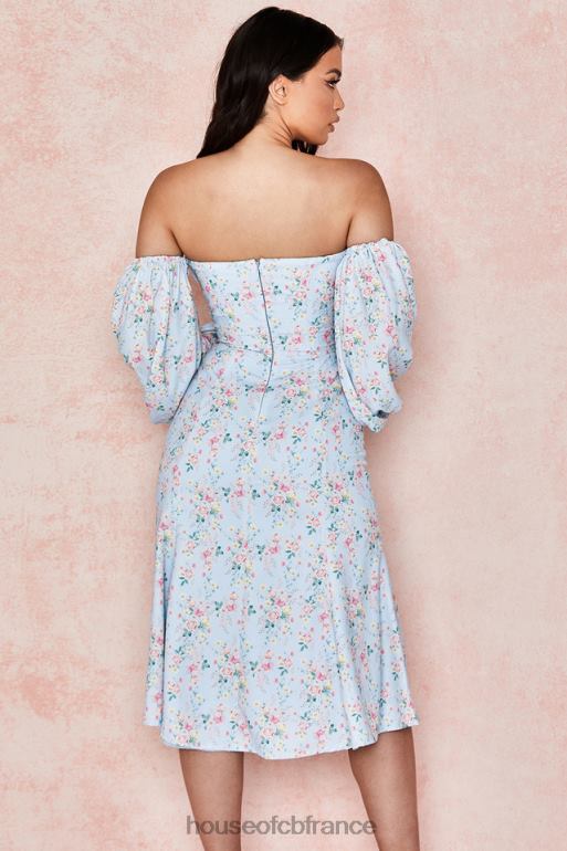 House of CB Hope - Robe d\'été midi style Bardot bleue à fleurs N888H608 vêtements