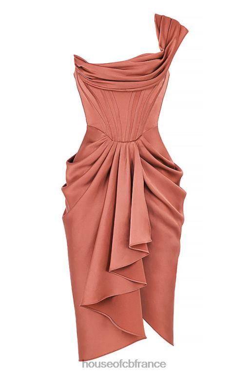 House of CB Janis Rouge - Robe mi-longue drapée en satin à asymétrique épaule dénudée N888H560 vêtements