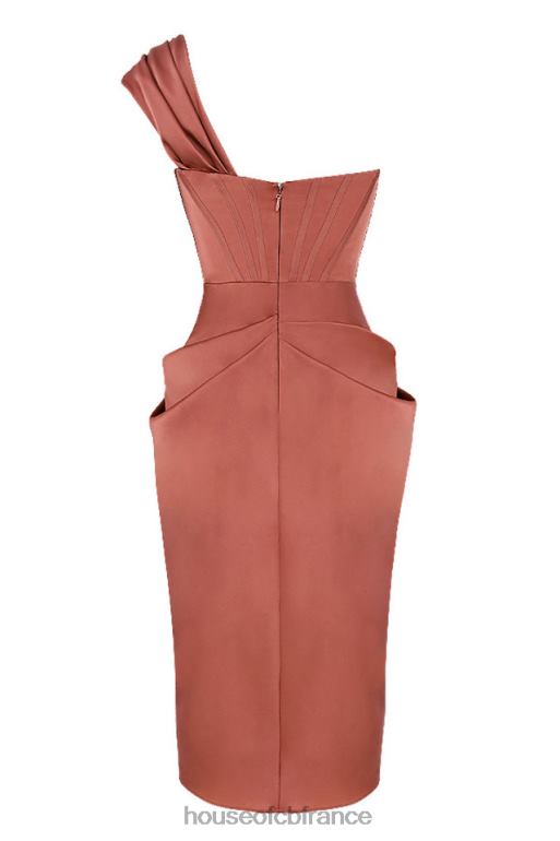 House of CB Janis Rouge - Robe mi-longue drapée en satin à asymétrique épaule dénudée N888H560 vêtements
