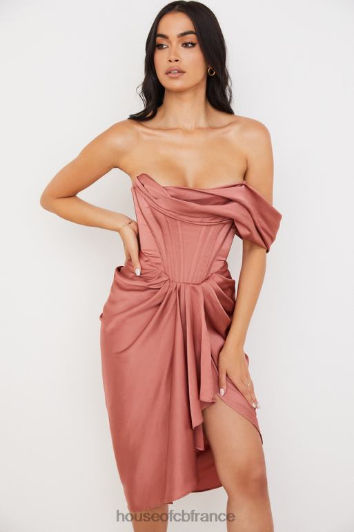 House of CB Janis Rouge - Robe mi-longue drapée en satin à asymétrique épaule dénudée N888H560 vêtements