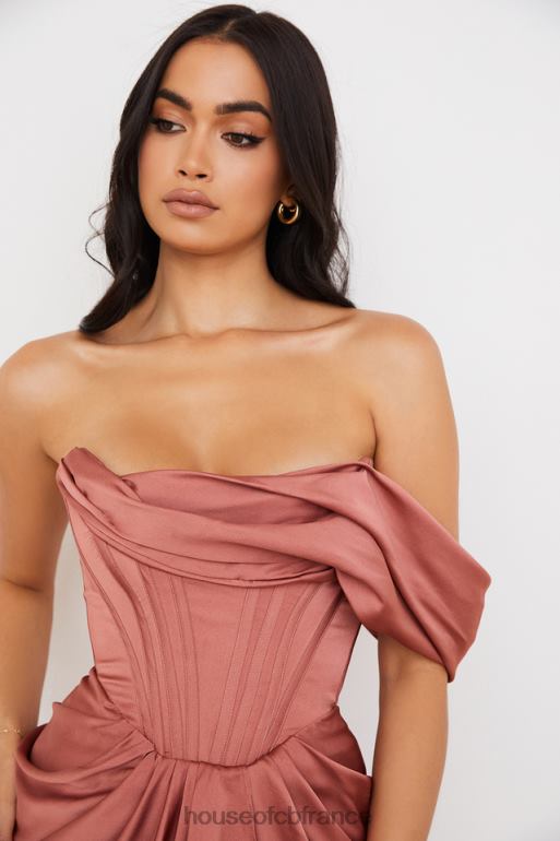 House of CB Janis Rouge - Robe mi-longue drapée en satin à asymétrique épaule dénudée N888H560 vêtements