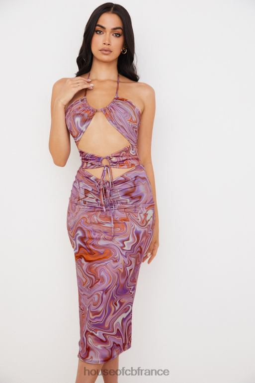 House of CB Robe mi-longue violette à découpes et tourbillons Kasia N888H570 vêtements