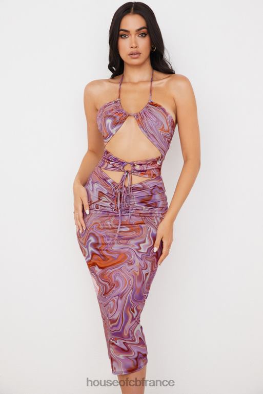 House of CB Robe mi-longue violette à découpes et tourbillons Kasia N888H570 vêtements