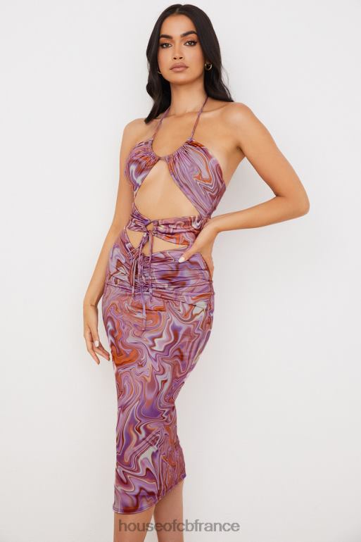 House of CB Robe mi-longue violette à découpes et tourbillons Kasia N888H570 vêtements