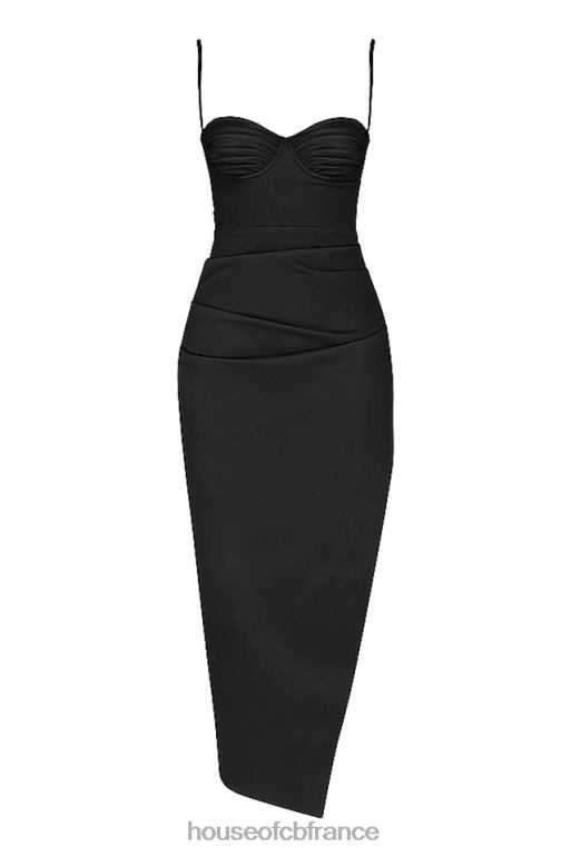 House of CB Robe midi corset plissée en satin noir Flora N888H517 vêtements