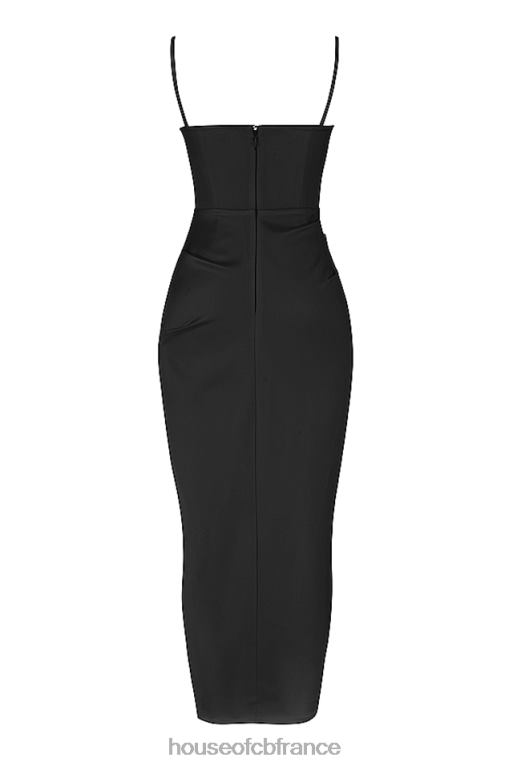 House of CB Robe midi corset plissée en satin noir Flora N888H517 vêtements