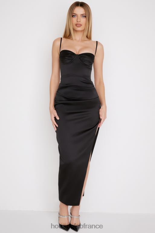 House of CB Robe midi corset plissée en satin noir Flora N888H517 vêtements