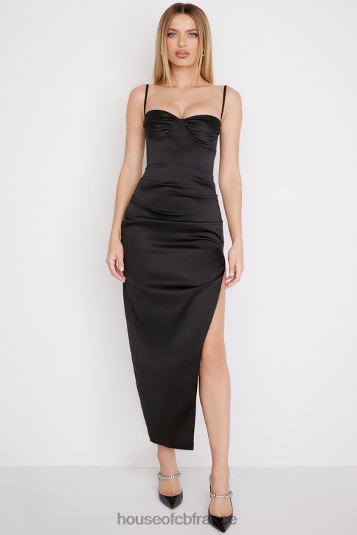 House of CB Robe midi corset plissée en satin noir Flora N888H517 vêtements