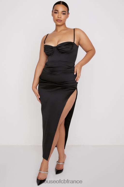 House of CB Robe midi corset plissée en satin noir Flora N888H517 vêtements