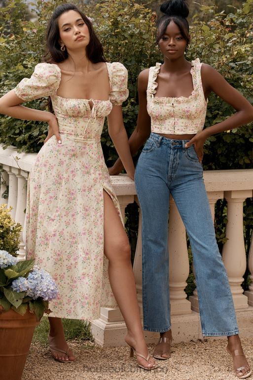 House of CB Tallulah - Robe d\'été mi-longue à fleurs citron et manches bouffantes N888H617 vêtements