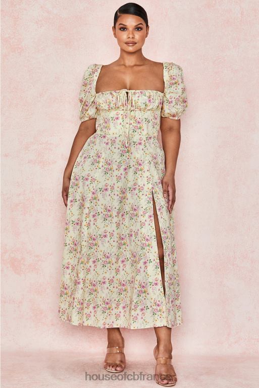 House of CB Tallulah - Robe d\'été mi-longue à fleurs citron et manches bouffantes N888H617 vêtements
