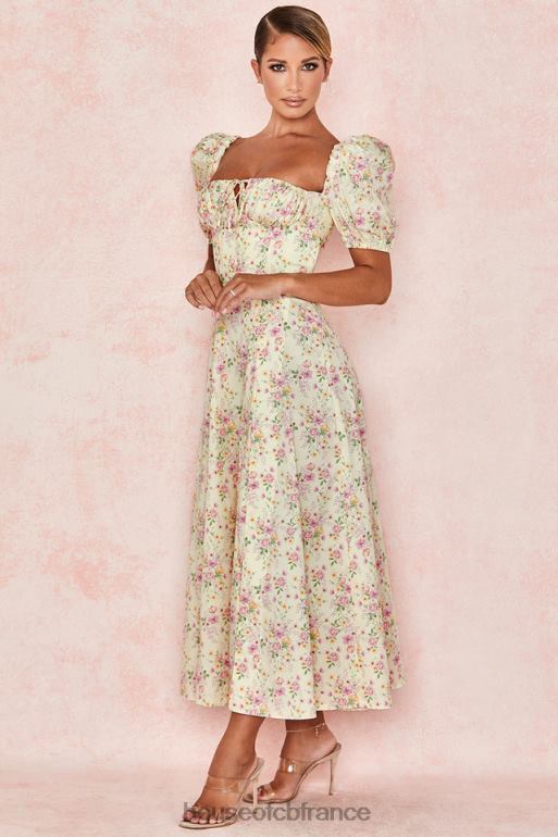 House of CB Tallulah - Robe d\'été mi-longue à fleurs citron et manches bouffantes N888H617 vêtements
