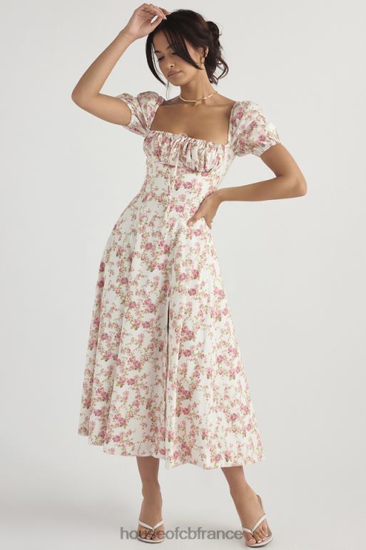 House of CB Tallulah - Robe d\'été mi-longue à manches bouffantes et imprimé roses N888H427 vêtements