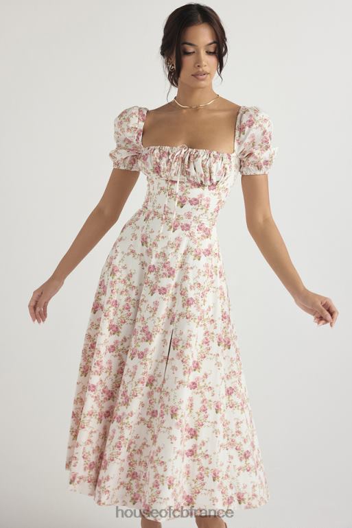 House of CB Tallulah - Robe d\'été mi-longue à manches bouffantes et imprimé roses N888H427 vêtements