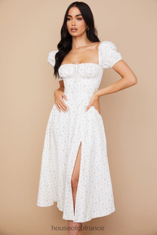 House of CB Tallulah - Robe mi-longue blanche à fleurs et manches bouffantes N888H571 vêtements