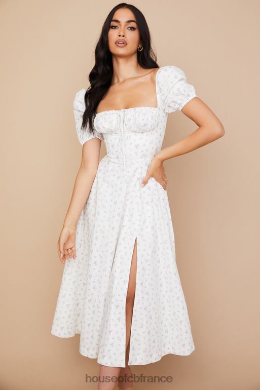 House of CB Tallulah - Robe mi-longue blanche à fleurs et manches bouffantes N888H571 vêtements