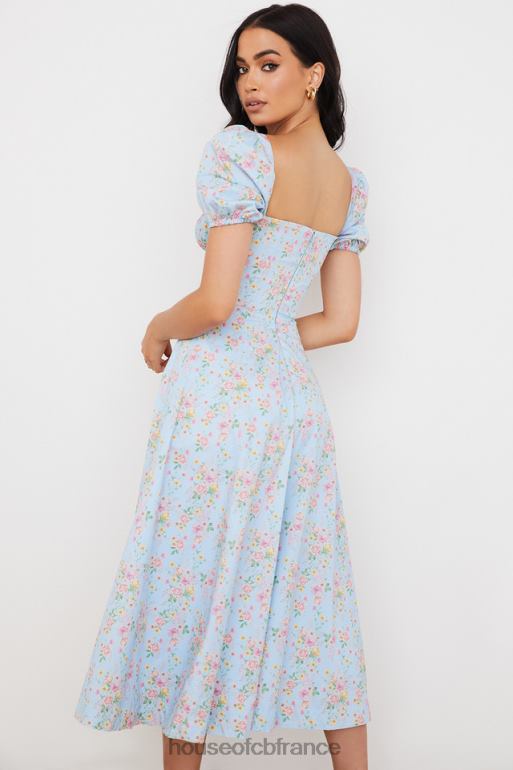 House of CB Tallulah - Robe mi-longue bleue vintage à fleurs et manches bouffantes N888H572 vêtements