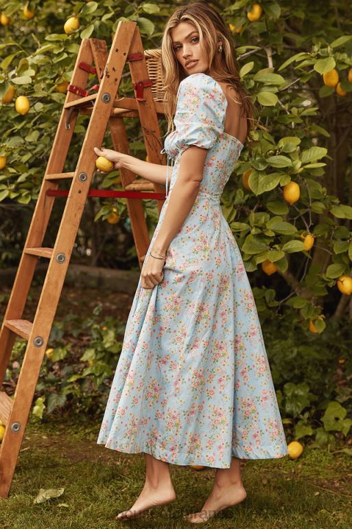 House of CB Tallulah - Robe mi-longue bleue vintage à fleurs et manches bouffantes N888H572 vêtements