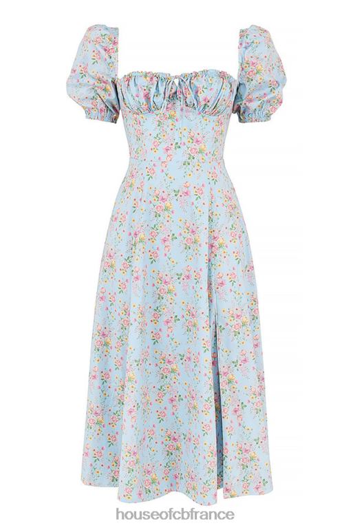 House of CB Tallulah - Robe mi-longue bleue vintage à fleurs et manches bouffantes N888H572 vêtements