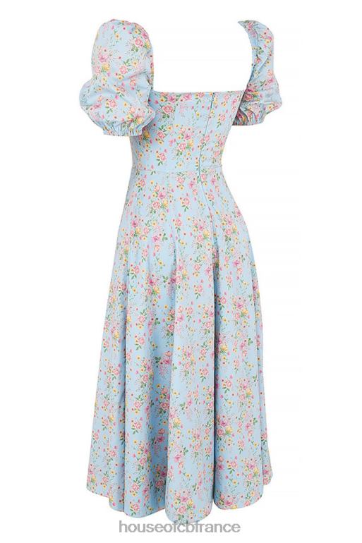 House of CB Tallulah - Robe mi-longue bleue vintage à fleurs et manches bouffantes N888H572 vêtements