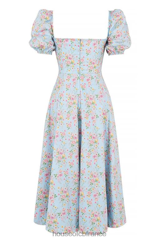 House of CB Tallulah - Robe mi-longue bleue vintage à fleurs et manches bouffantes N888H572 vêtements