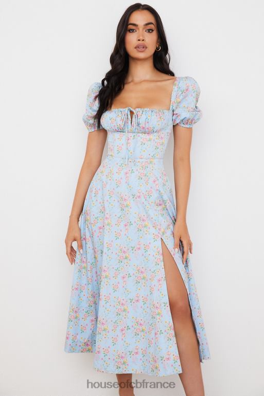 House of CB Tallulah - Robe mi-longue bleue vintage à fleurs et manches bouffantes N888H572 vêtements