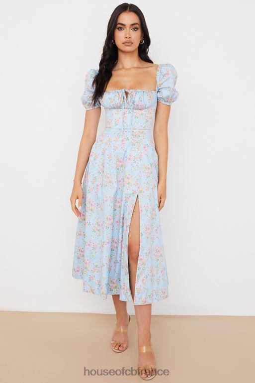 House of CB Tallulah - Robe mi-longue bleue vintage à fleurs et manches bouffantes N888H572 vêtements