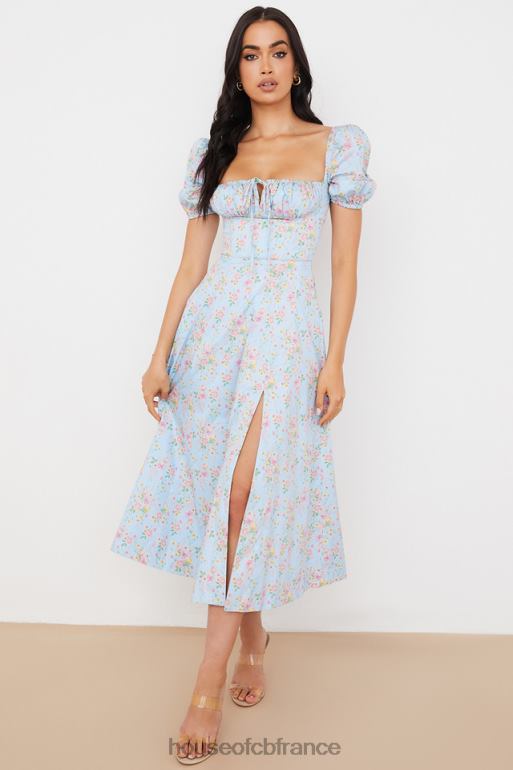 House of CB Tallulah - Robe mi-longue bleue vintage à fleurs et manches bouffantes N888H572 vêtements