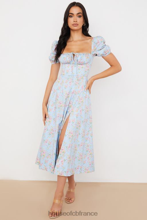 House of CB Tallulah - Robe mi-longue bleue vintage à fleurs et manches bouffantes N888H572 vêtements