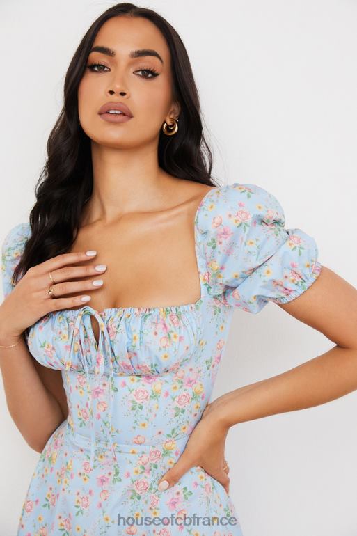 House of CB Tallulah - Robe mi-longue bleue vintage à fleurs et manches bouffantes N888H572 vêtements