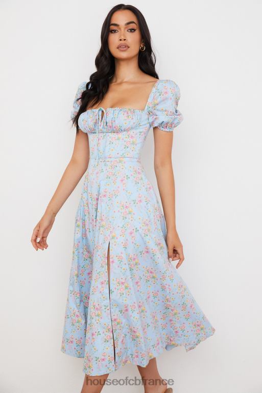 House of CB Tallulah - Robe mi-longue bleue vintage à fleurs et manches bouffantes N888H572 vêtements
