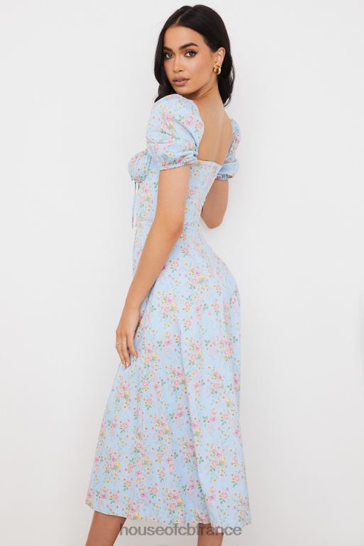 House of CB Tallulah - Robe mi-longue bleue vintage à fleurs et manches bouffantes N888H572 vêtements