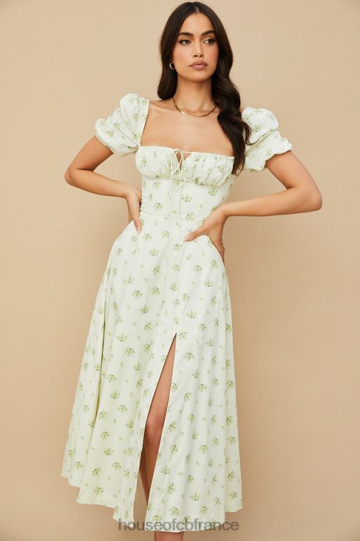 House of CB Tallulah - Robe mi-longue ivoire à fleurs et manches bouffantes N888H561 vêtements