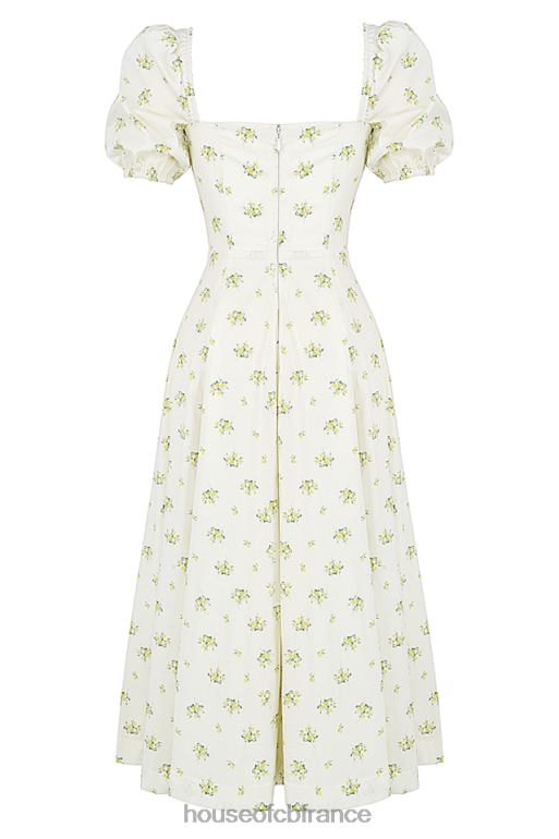 House of CB Tallulah - Robe mi-longue ivoire à fleurs et manches bouffantes N888H561 vêtements