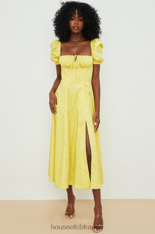 House of CB Tallulah - Robe mi-longue jaune à fleurs et manches bouffantes N888H556 vêtements