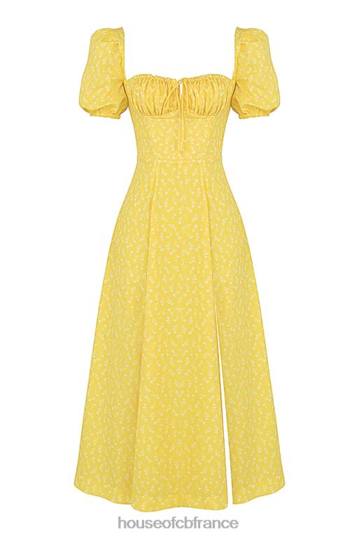 House of CB Tallulah - Robe mi-longue jaune à fleurs et manches bouffantes N888H556 vêtements
