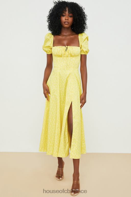 House of CB Tallulah - Robe mi-longue jaune à fleurs et manches bouffantes N888H556 vêtements