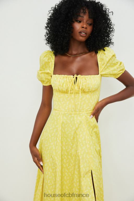 House of CB Tallulah - Robe mi-longue jaune à fleurs et manches bouffantes N888H556 vêtements