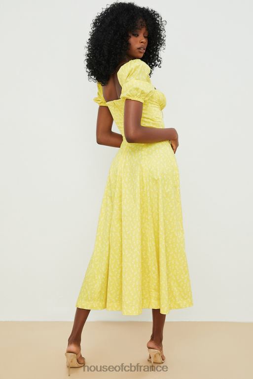House of CB Tallulah - Robe mi-longue jaune à fleurs et manches bouffantes N888H556 vêtements