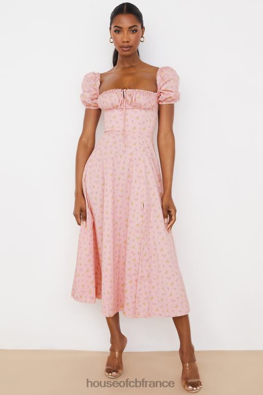 House of CB Tallulah - Robe mi-longue rose à fleurs et manches bouffantes N888H566 vêtements