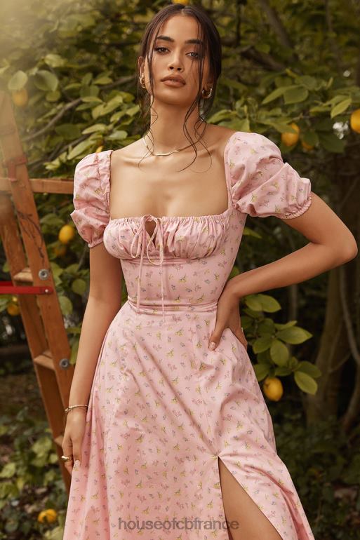 House of CB Tallulah - Robe mi-longue rose à fleurs et manches bouffantes N888H566 vêtements