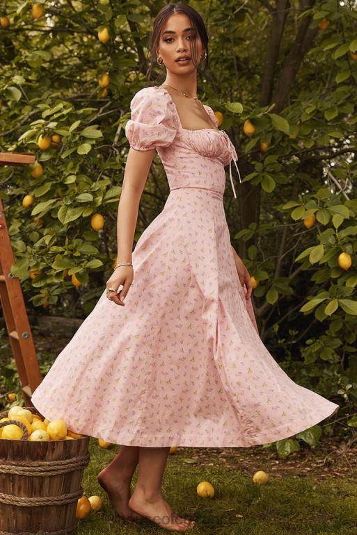 House of CB Tallulah - Robe mi-longue rose à fleurs et manches bouffantes N888H566 vêtements
