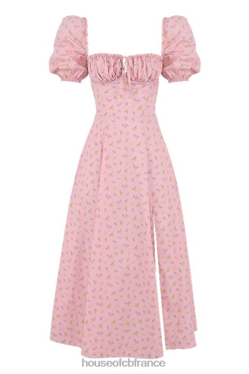House of CB Tallulah - Robe mi-longue rose à fleurs et manches bouffantes N888H566 vêtements