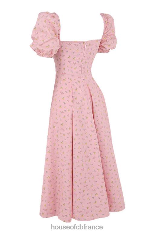 House of CB Tallulah - Robe mi-longue rose à fleurs et manches bouffantes N888H566 vêtements