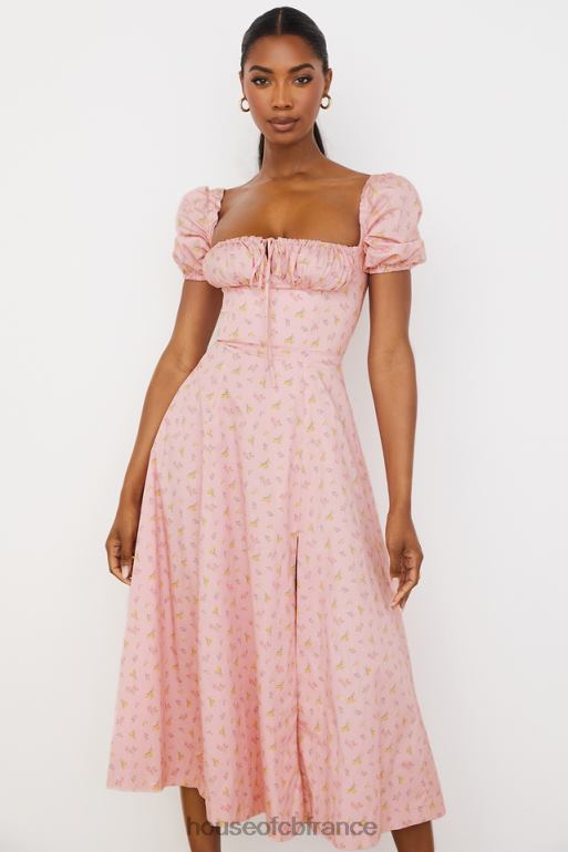 House of CB Tallulah - Robe mi-longue rose à fleurs et manches bouffantes N888H566 vêtements