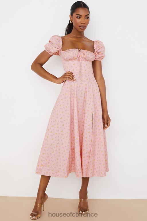 House of CB Tallulah - Robe mi-longue rose à fleurs et manches bouffantes N888H566 vêtements