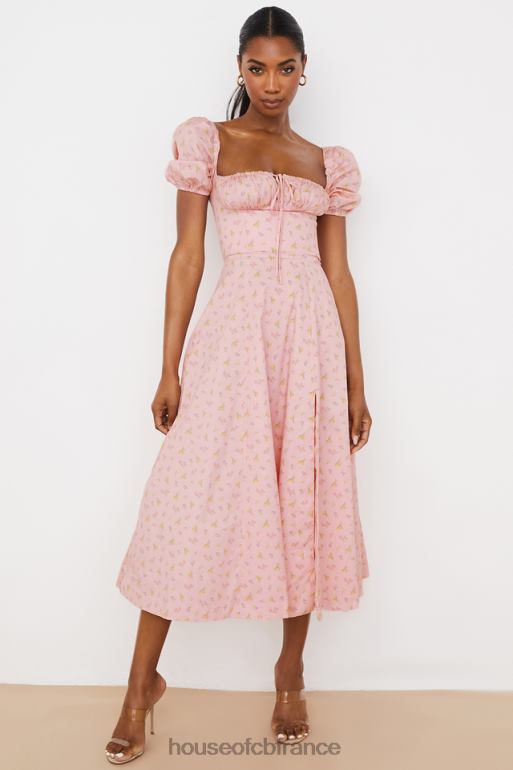 House of CB Tallulah - Robe mi-longue rose à fleurs et manches bouffantes N888H566 vêtements