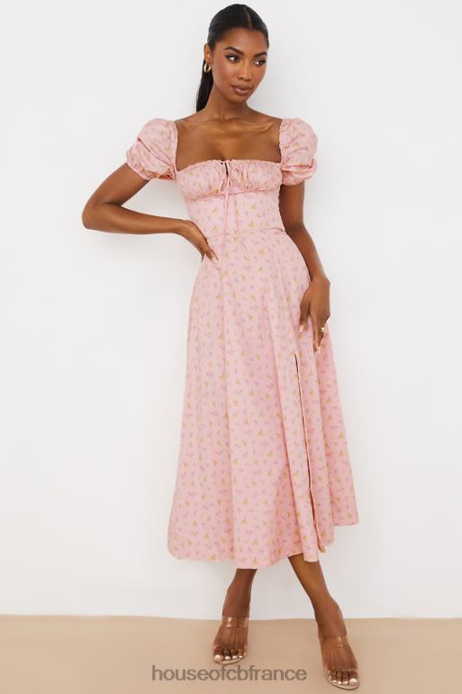 House of CB Tallulah - Robe mi-longue rose à fleurs et manches bouffantes N888H566 vêtements